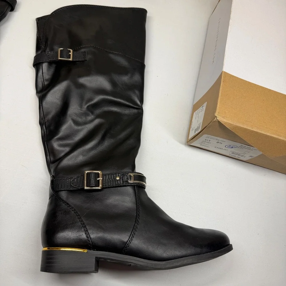Call It Spring Black Faux Leather Knee High Boots Women's Size‎ 8.5 Gold Buckle